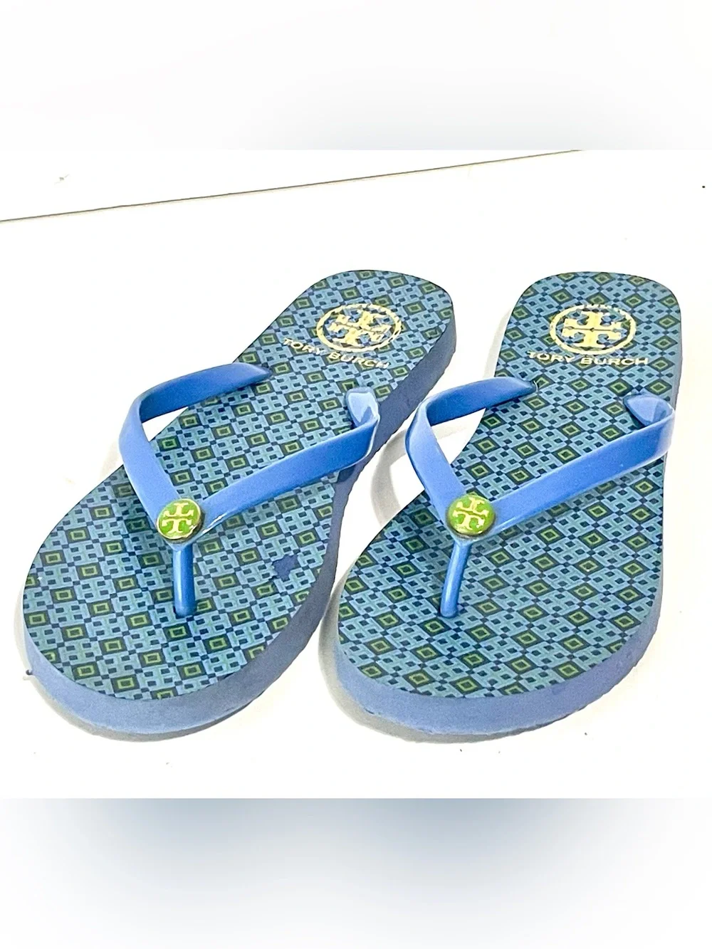 Tory Burch Blue Patterned Thong Sandals with Green Logo Accents Size 6